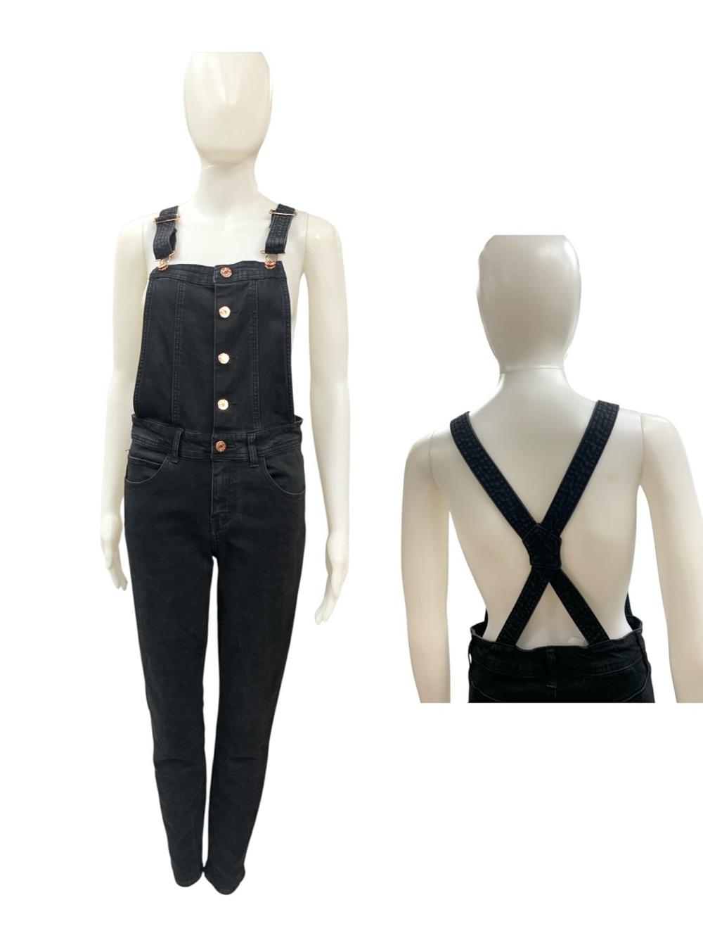Guess Black Denim Overalls with Button-Front Bib